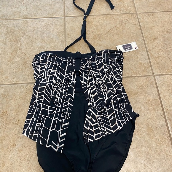 New NWT ENLA EN LA Black White Bandeau Halter Geometric One Piece Swimsuit 8 - Picture 1 of 8